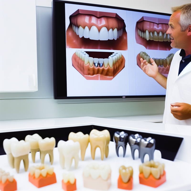 Столы с разными видами зубных коронок, стоматолог показывает процесс установки, за окном современная стоматологическая клиника