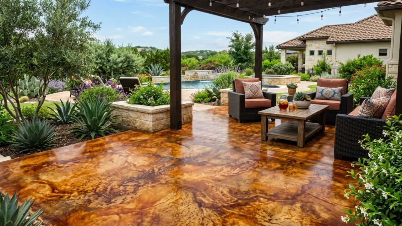 Acid stained concrete patio with mottled earth tones in San Antonio