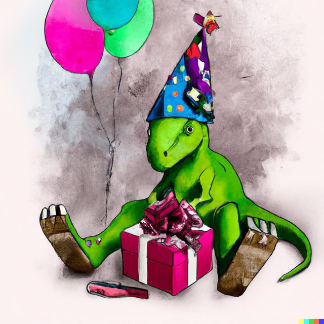 DALL·E 2023-01-31 12.30.10 - Baby T-Rex mit Kindchemschema und rosa hellblau gestreiftem partyhut au