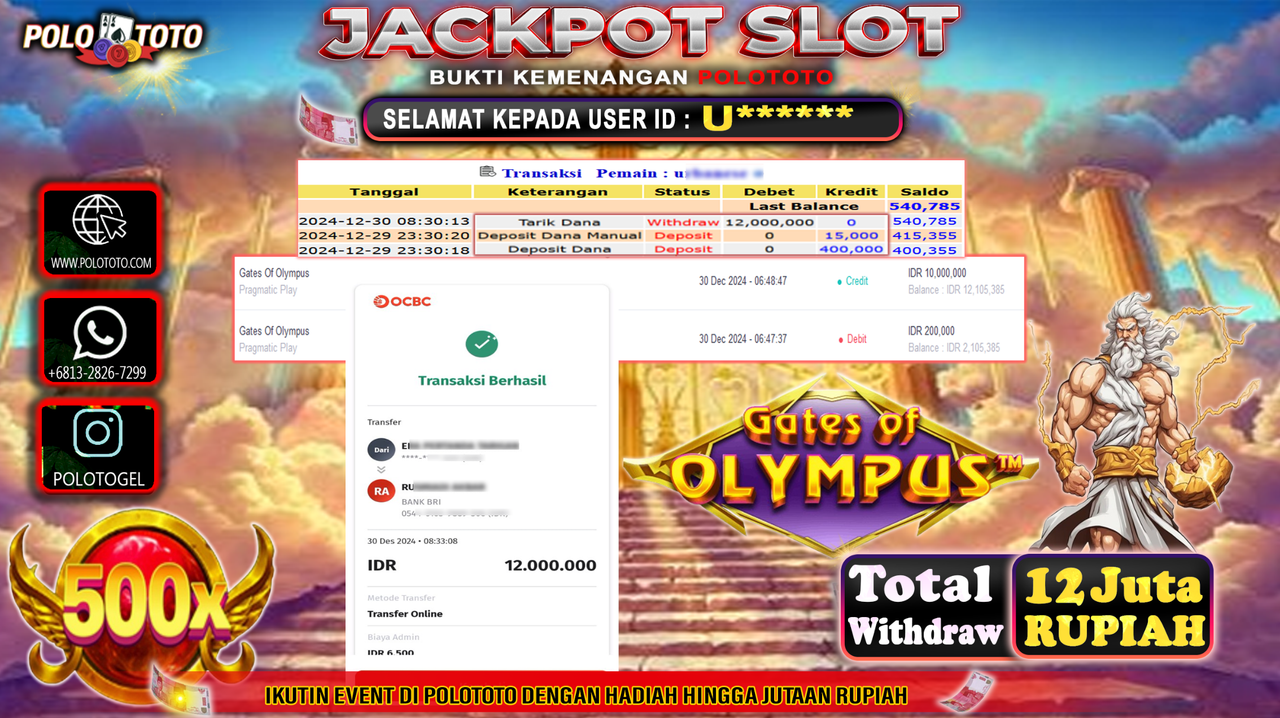POLOTOTO JACKPOT SLOT GATES OF OLYMPUS Rp.12,000.000,-