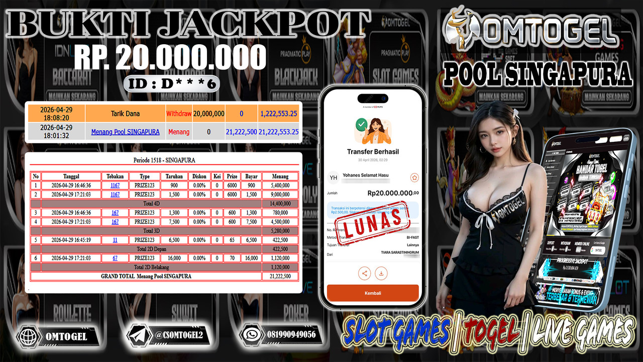 OMTOGEL JACKPOT TOGEL SINGAPURA WIN 4D 3D 2D , 20 JUTA DI BAYAR LUNAS ,-