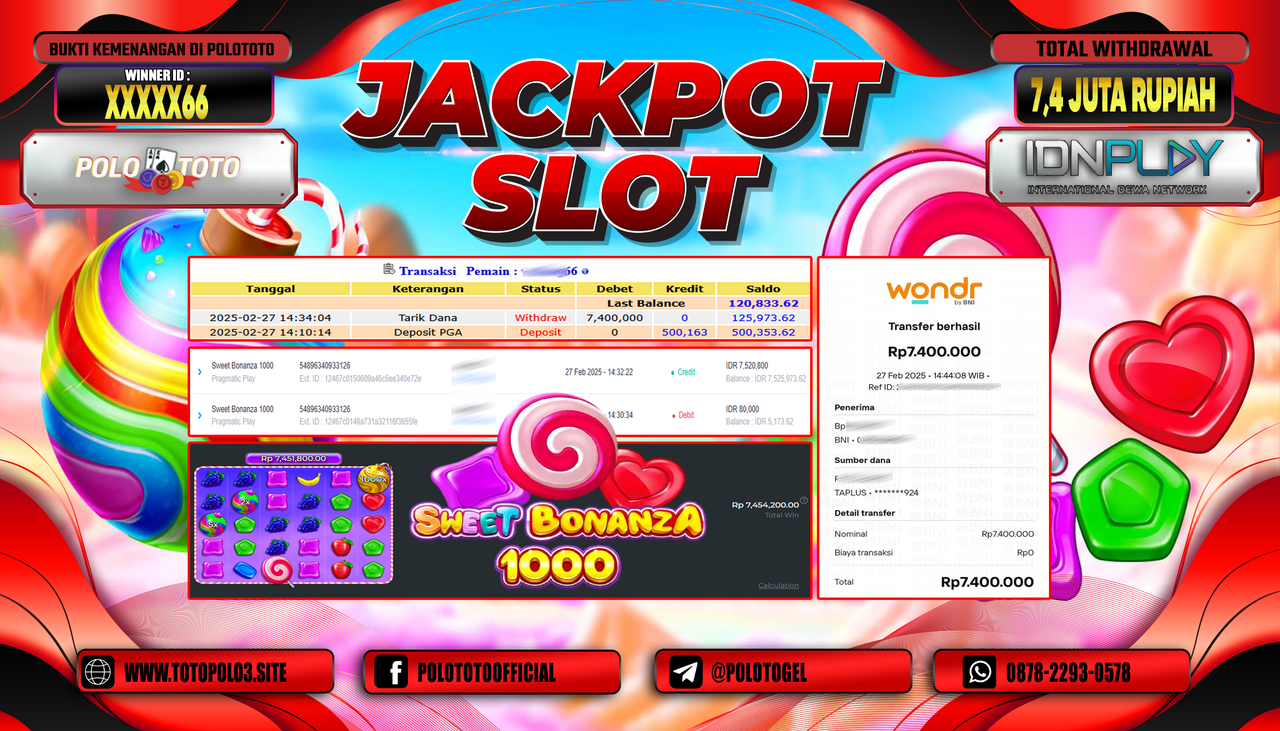 POLOTOTO JACKPOT SLOT SWEET BONANZA 1000 Rp.7.400.000,-