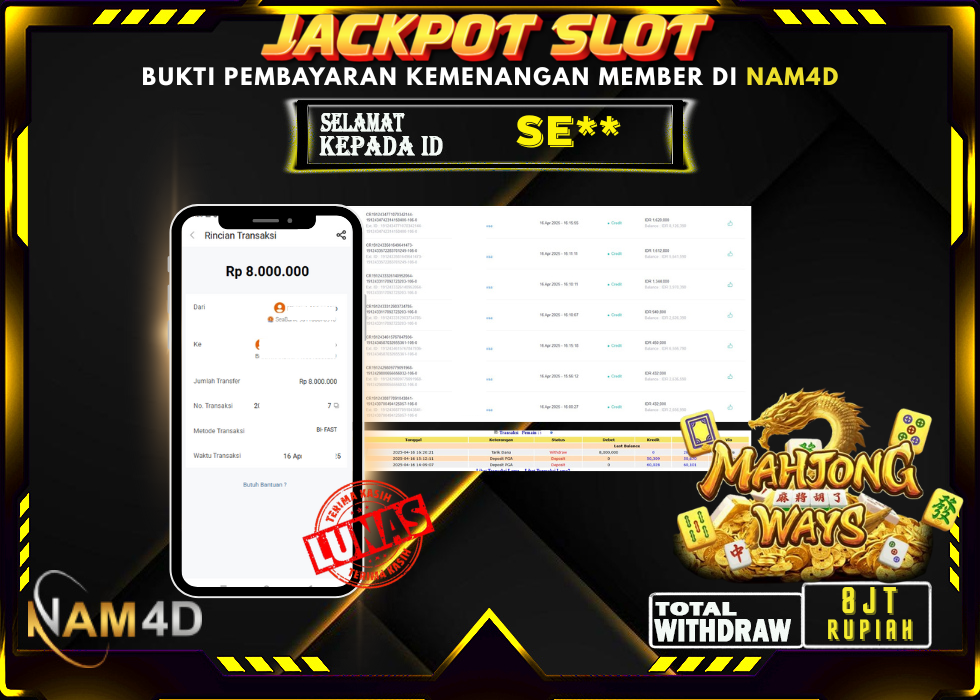 NAM4D JACKPOT SLOT GAME MAHYONG WAYS Rp 8.000.000,- LUNAS