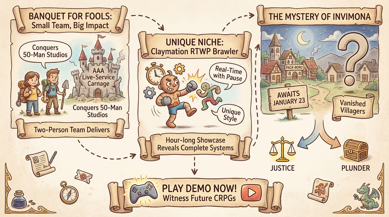 Claymation RPG characters hiking through eerie abandoned island