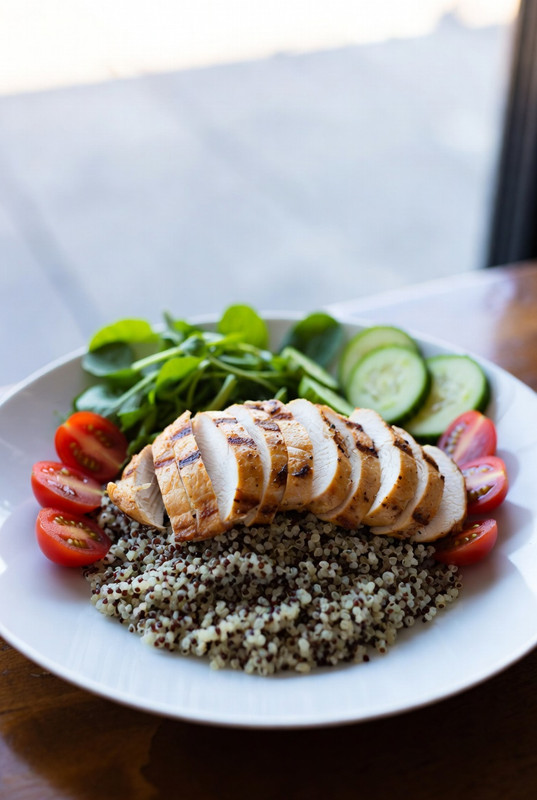 Plate of grilled chicken salad with veggies and quinoa.