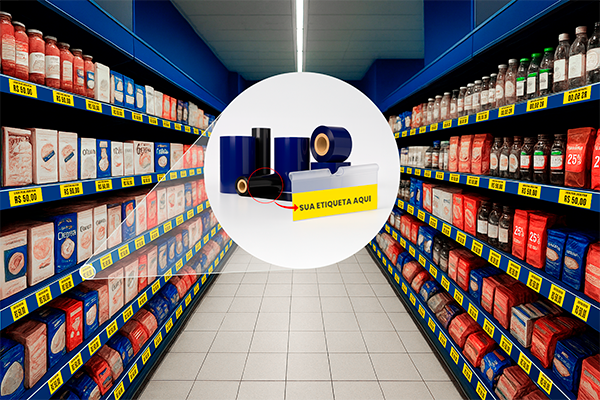 Prateleiras de supermercado com etiquetas de gôndola PSR para organização e promoções de produtos