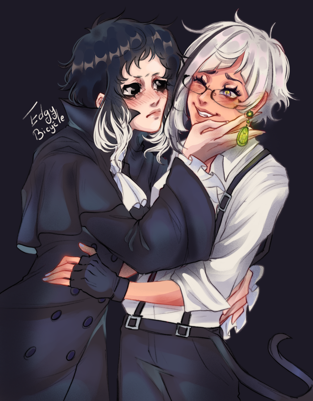 Fem-slash SSKK held in each other's arms as Ryuunosuke (left) caresses Atsushi's (right) face, bringing focus to a yellow jade teardrop-cut earring.