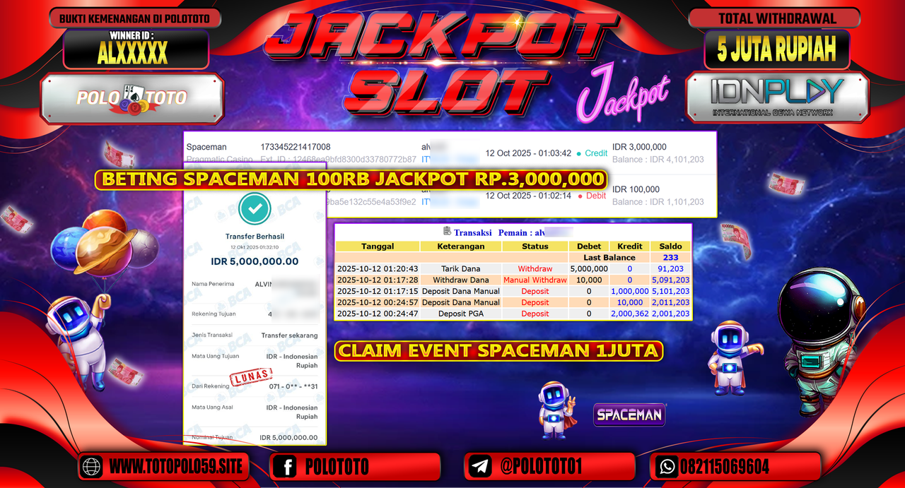 POLOTOTO JACKPOT SLOT SPACEMAN Rp.5.000.000,- LUNAS
