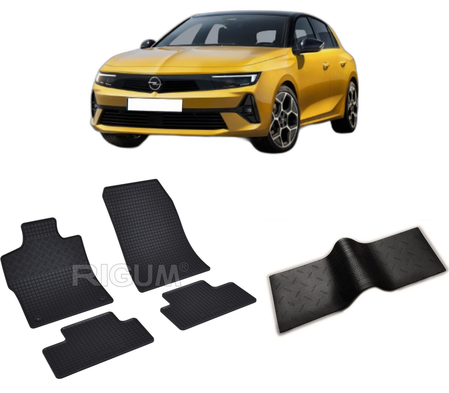 Set covorase auto OPEL ASTRA L din 2022-PREZENT, cu covoras tunel median, CAROSERIE HATCHBACK, Presuri cauciuc 100%, compatibil cu autoturismul OPEL ASTRA L, Rigum