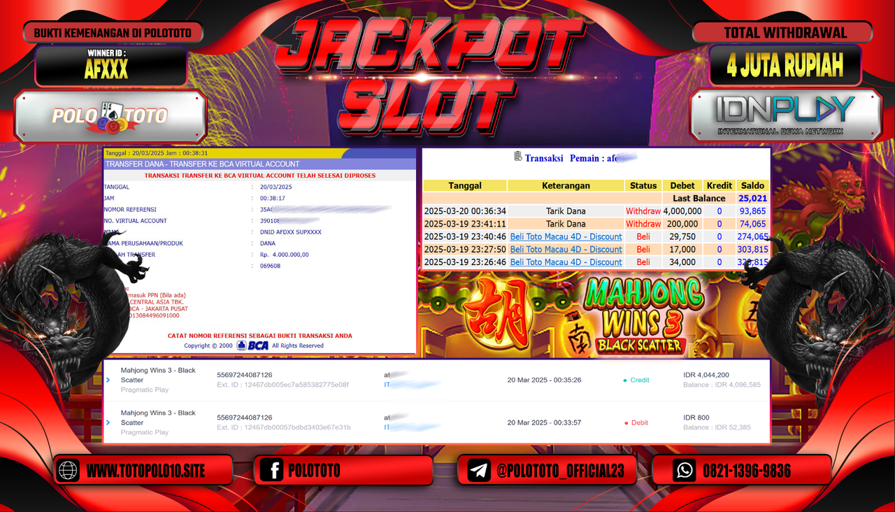 POLOTOTO JACKPOT SLOT MAHJONG WINS BLACK SCATTER 3 Rp.4.000.000,-
