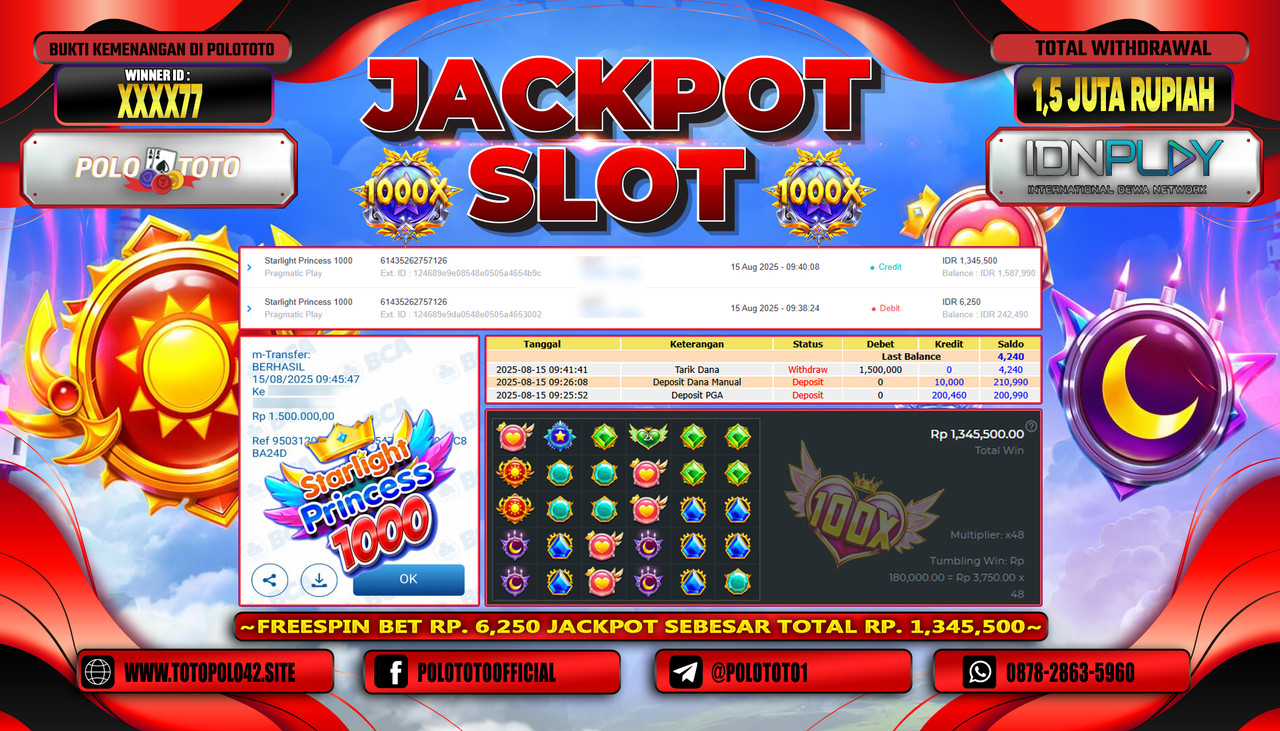 POLOTOTO JACKPOT SLOT STARLIGHT PRINCESS 1000 Rp.1.500.000,-LUNAS