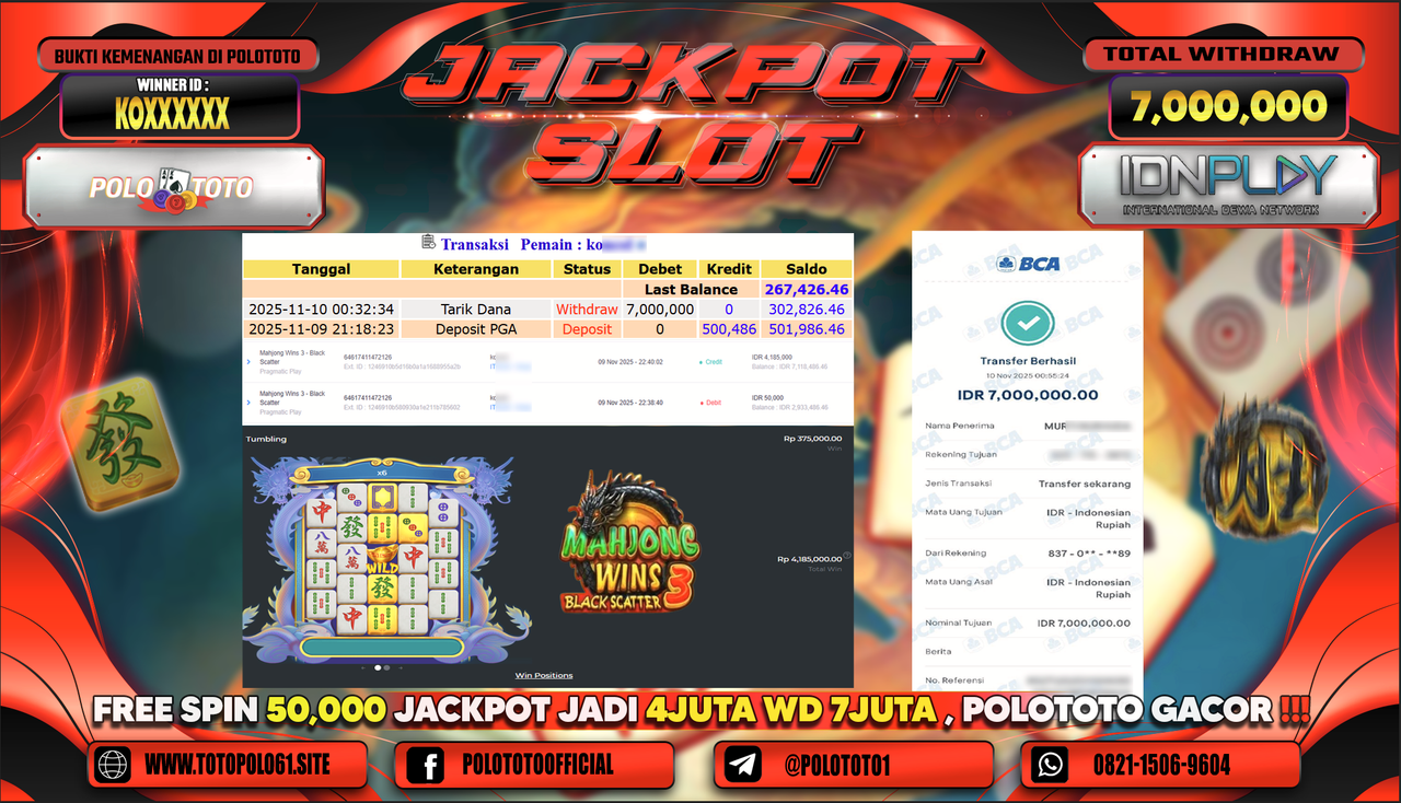 POLOTOTO JACKPOT SLOT MAHJONG WINS 3 - BLACK SCATTER Rp.7.000.000,- LUNAS