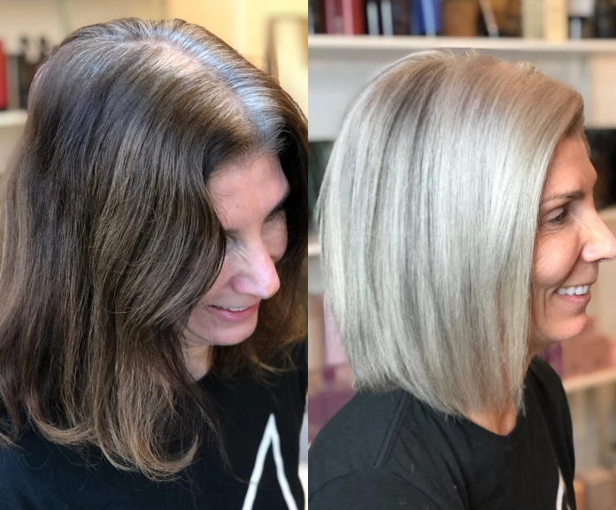 Cool blonde highlights on grey hair