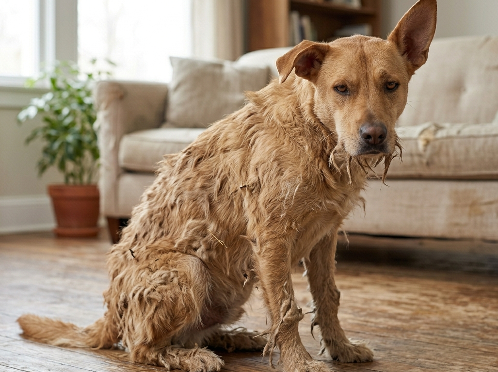 Cachorro com pelo embaraçado e sem brilho em ambiente doméstico