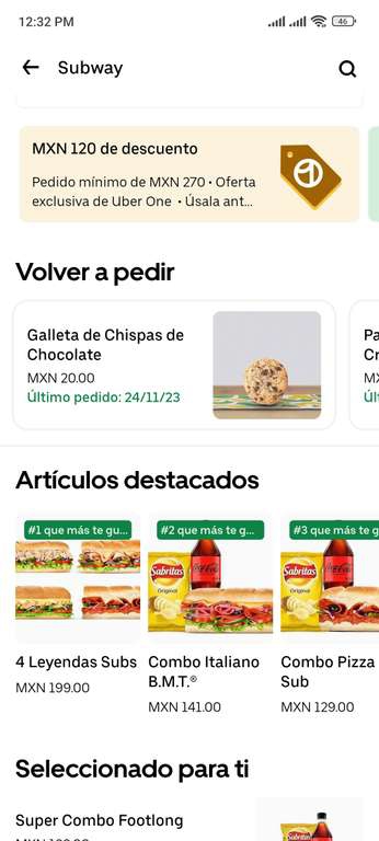 Uber eats: Subway | 5 Subs de 15cm por $153 | Uber One 
