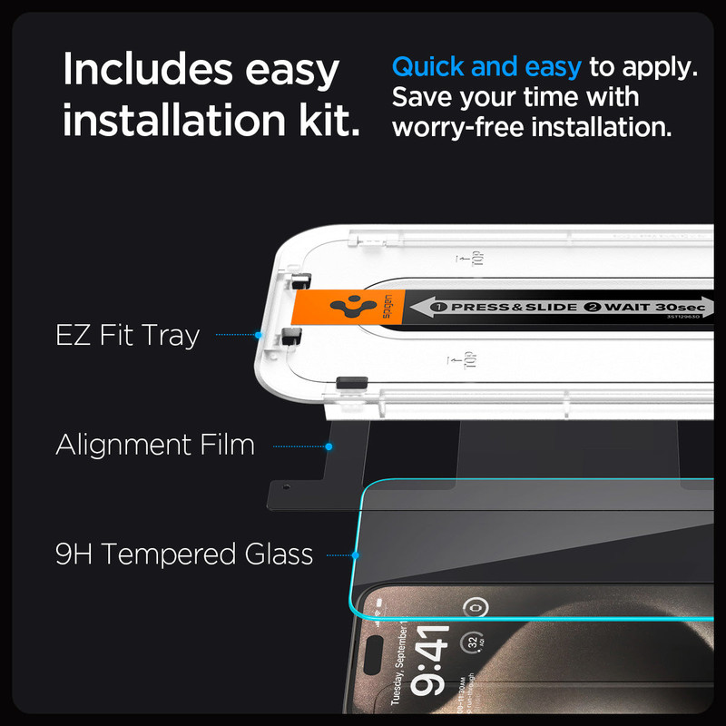 Protector de pantalla Spigen EZ FIT con su bandeja de auto-alineación.