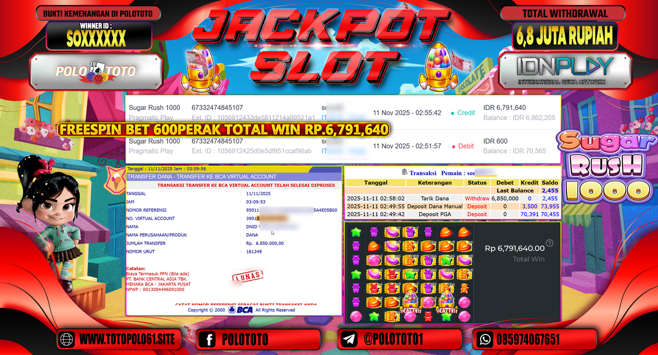 POLOTOTO JACKPOT SLOT SUGAR RUSH 1000 Rp.6.800.000,- LUNAS