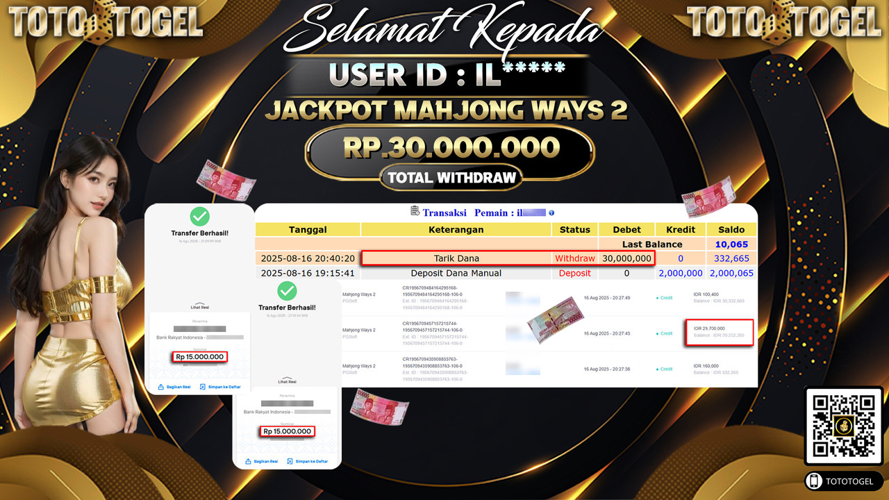 Bukti Pembayaran Jackpot Permainan Slot Mahjong Ways 2 ID:IL***** LUNAS