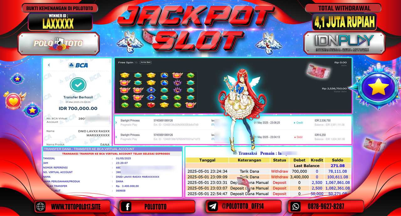 POLOTOTO JACKPOT SLOT STARLIGHT PRINCESS Rp.4.100.000,-