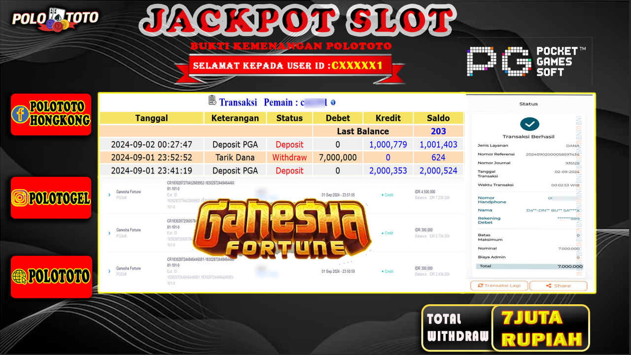 POLOTOTO JACKPOT SLOT GANESHA FORTUNE Rp.7.000.000,- LUNAS