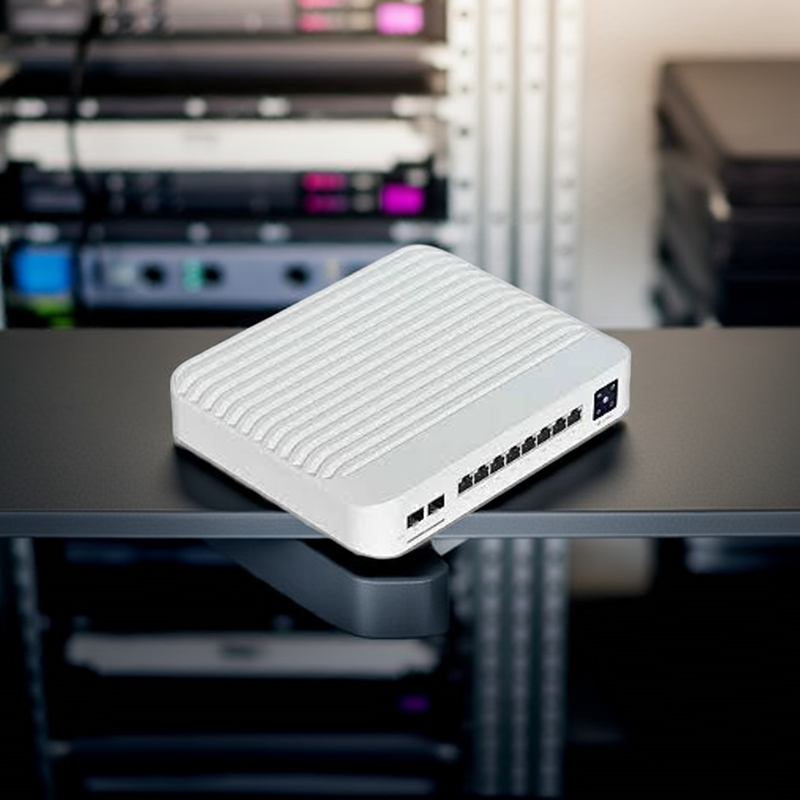 Close-up das portas SFP+ de 10Gbps do switch