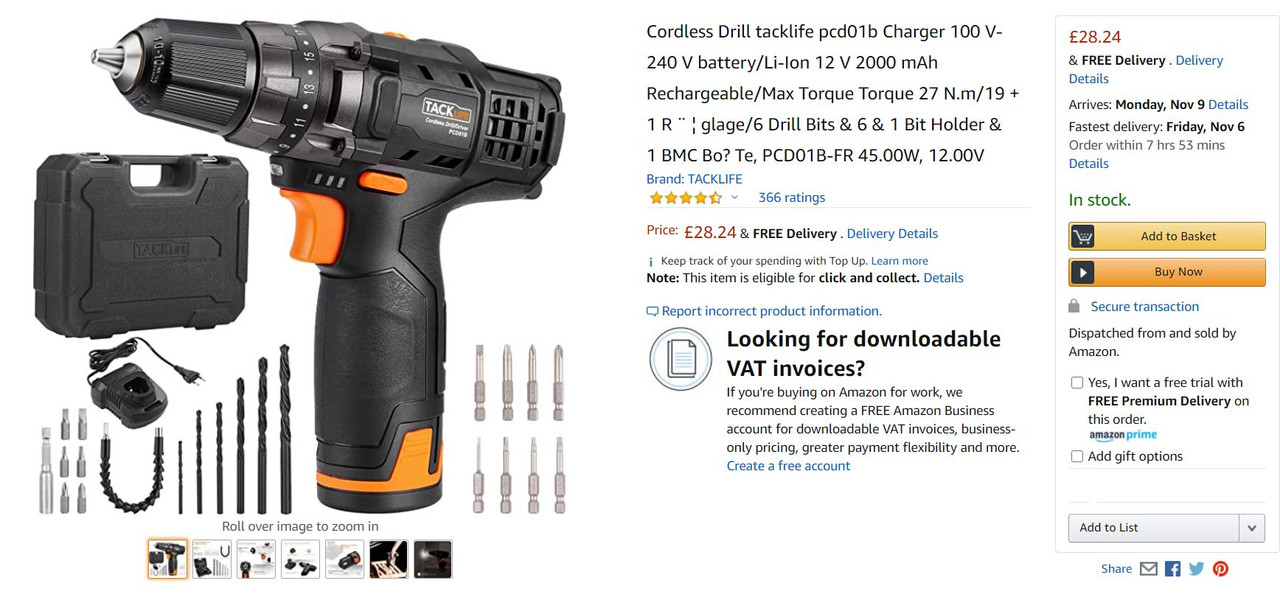 Image of Tacklife PCD01B cordless drill on Walmart website