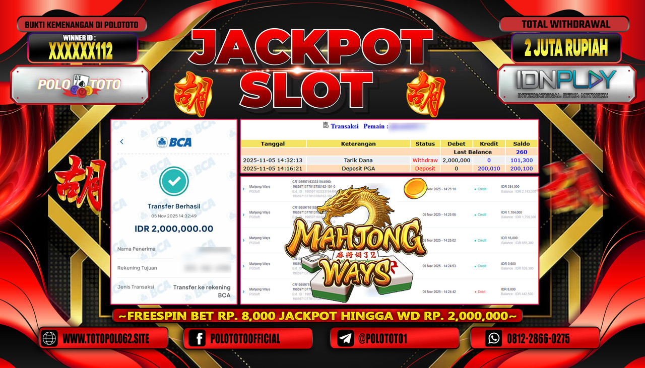 POLOTOTO JACKPOT SLOT MAHJONG WAYS Rp.2.000.000,- LUNAS