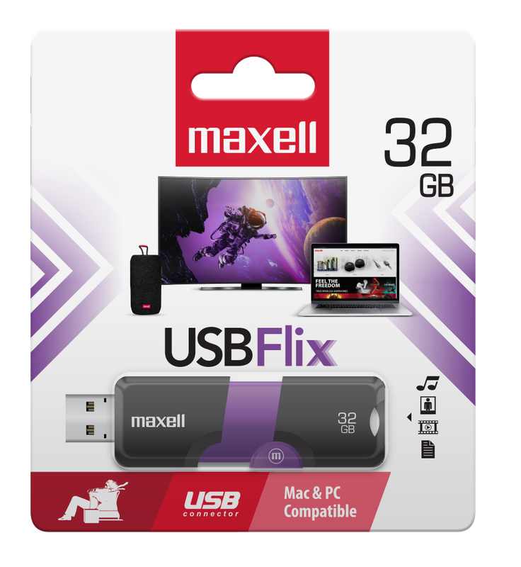 Memoria USB de 32GB de Maxell, modelo Flix, con diseño retráctil.