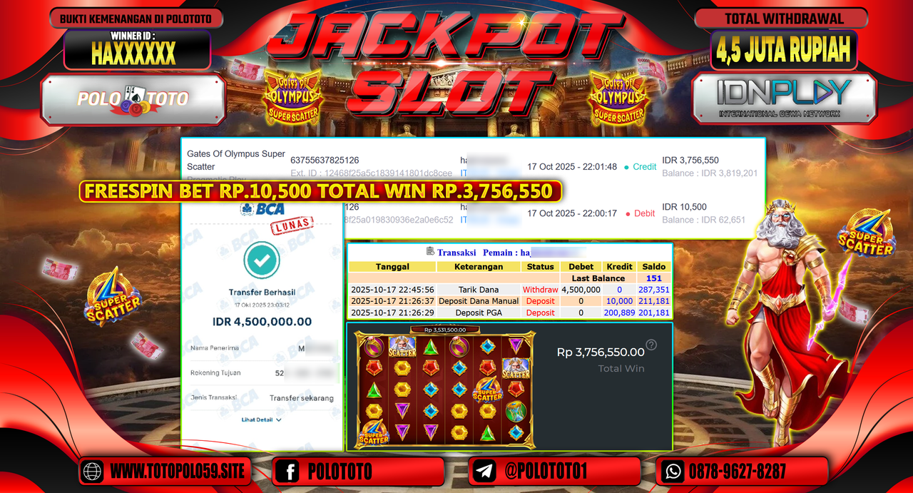 POLOTOTO JACKPOT SLOT GATES OF OLYMPUS SUPER SCATTER Rp.4.500.000,- LUNAS