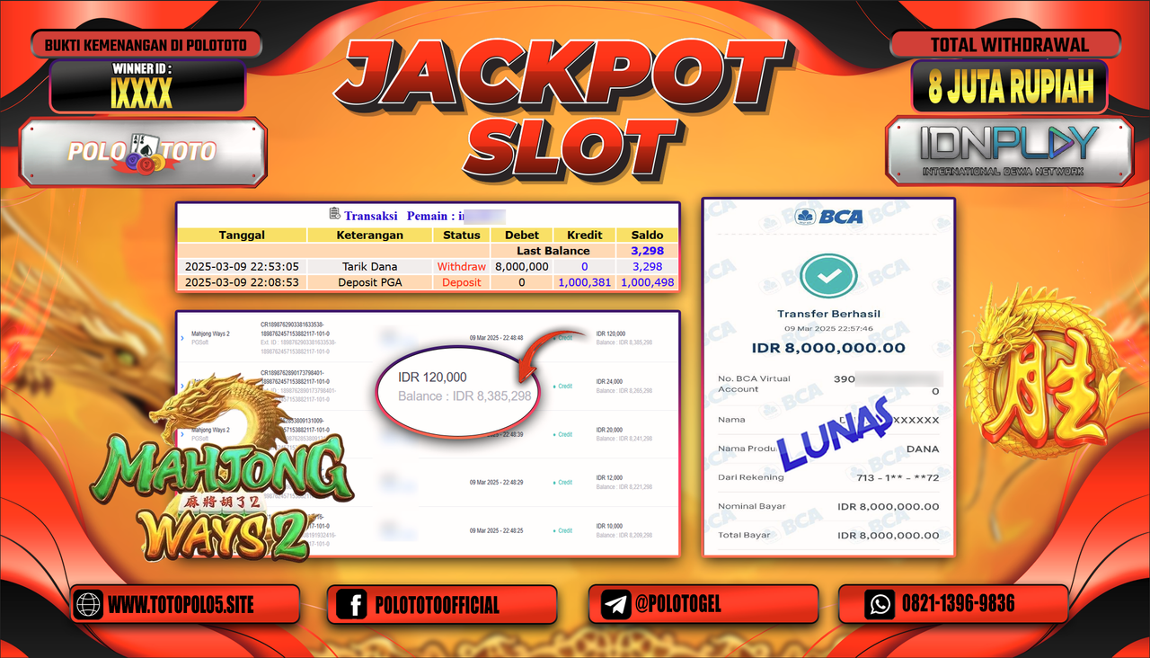 POLOTOTO JACKPOT SLOT MAHJONG WAYS 2 Rp.8.000.000,-
