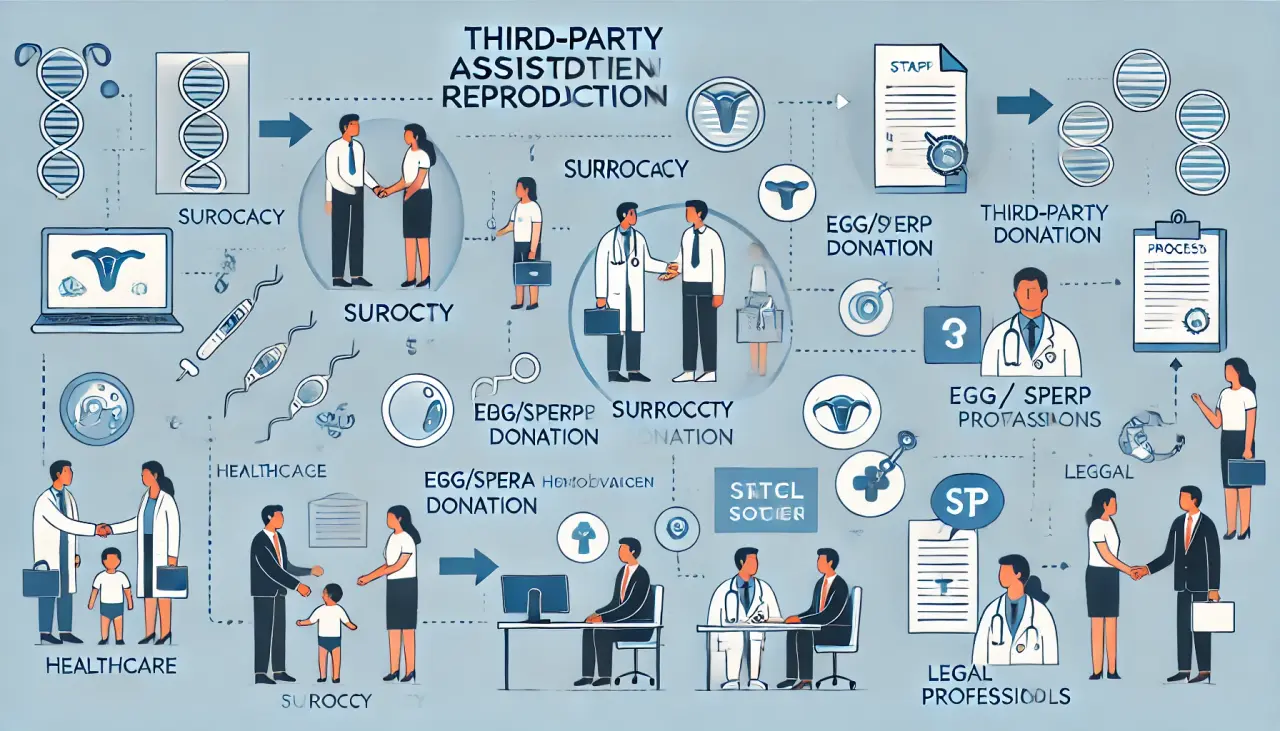 Flowchart illustrating the third-party assisted reproduction process, including surrogacy, egg/sperm donation, and legal involvement.