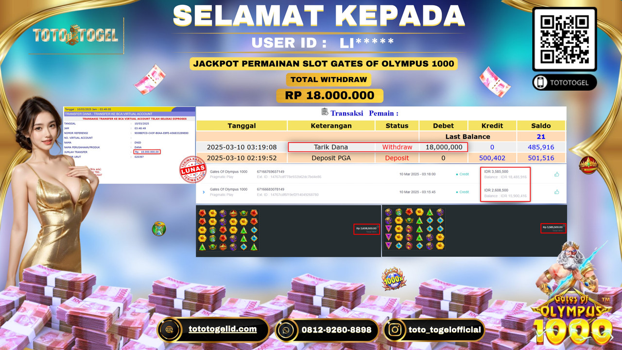 Bukti Pembayaran Jackpot  Permainan Slot Gates Of Olympus 1000 ID:LI***** LUNAS