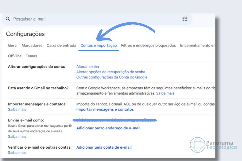 Tela principal do Gmail mostrando o menu de configurações na aba Contas e importação