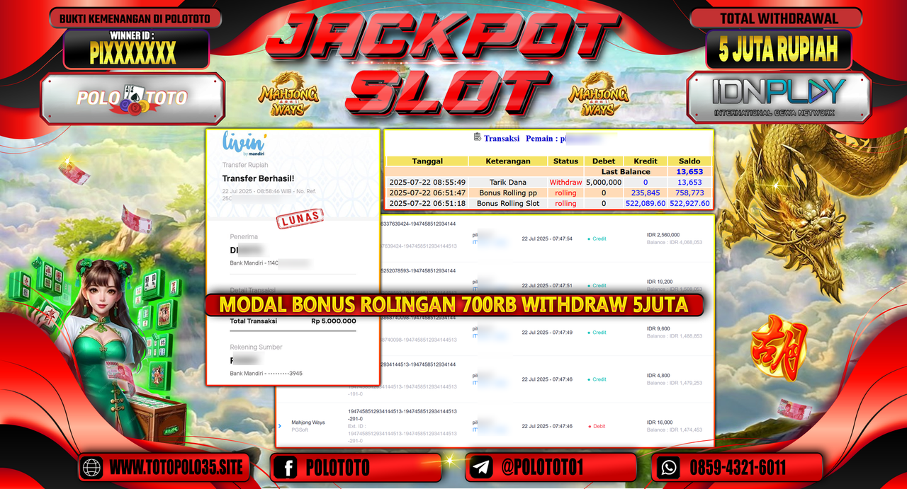 POLOTOTO JACKPOT SLOT MAHJONG WAYS Rp.5.000.000,- LUNAS