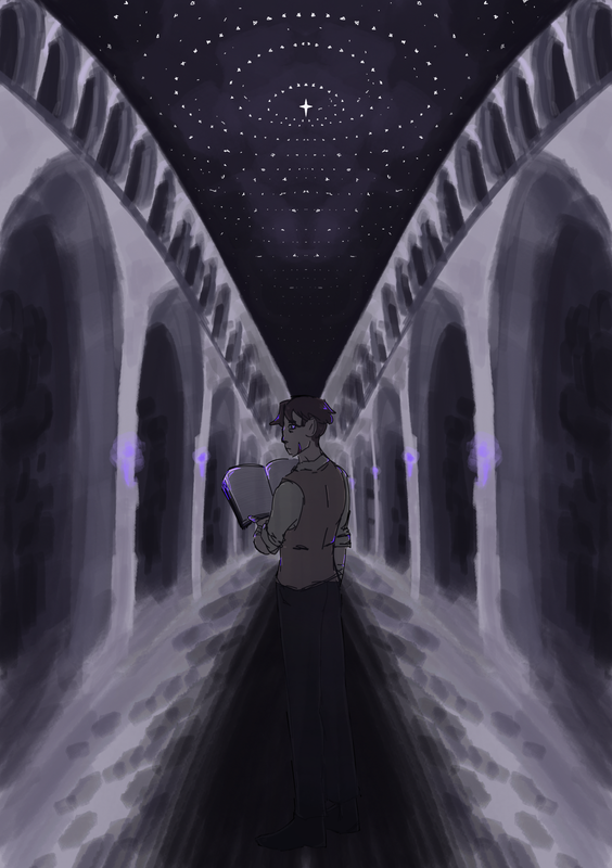 Raz standing in a long dark hallway. theyre blocking the light and casting a long shadow, and holding a book