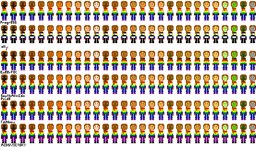 a row of people with pride flag shirts and reddish-brown hair