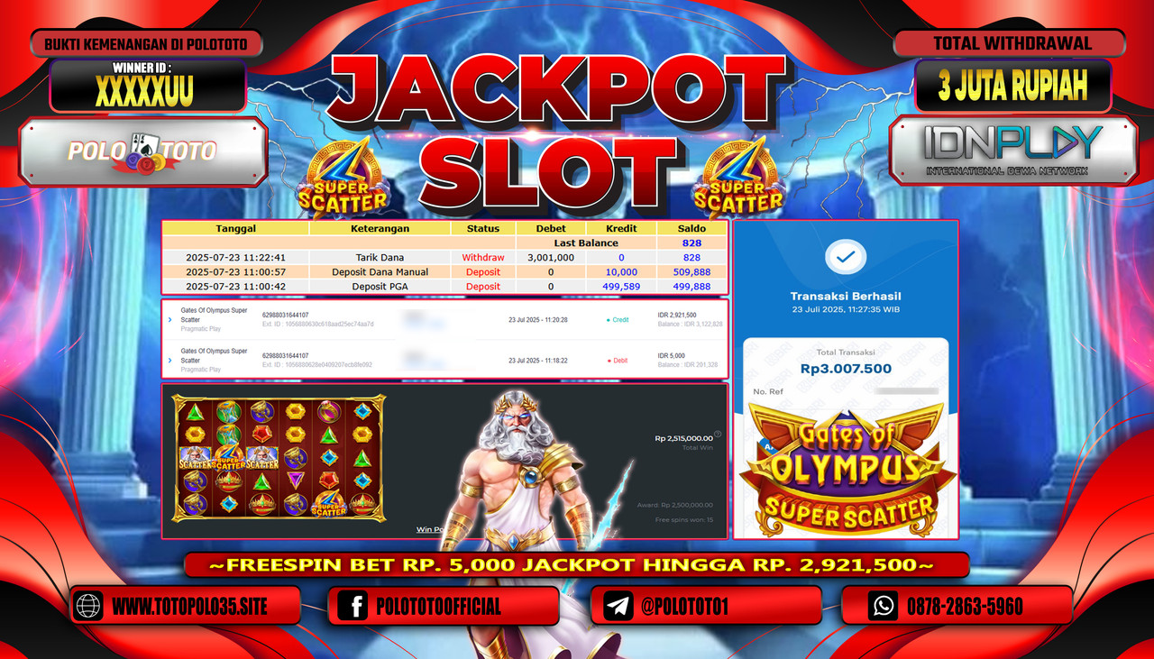 POLOTOTO JACKPOT SLOT GATES OF OLYMPUS SUPER SCATTER Rp.3.000.000,- LUNAS