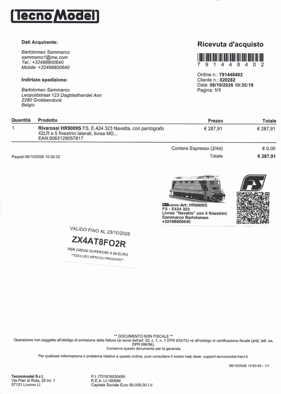 Tecnomodel Ordine 791448402 Rivarossi HR9009S E424 323 Locomotiva eletrico Livrea Navetta