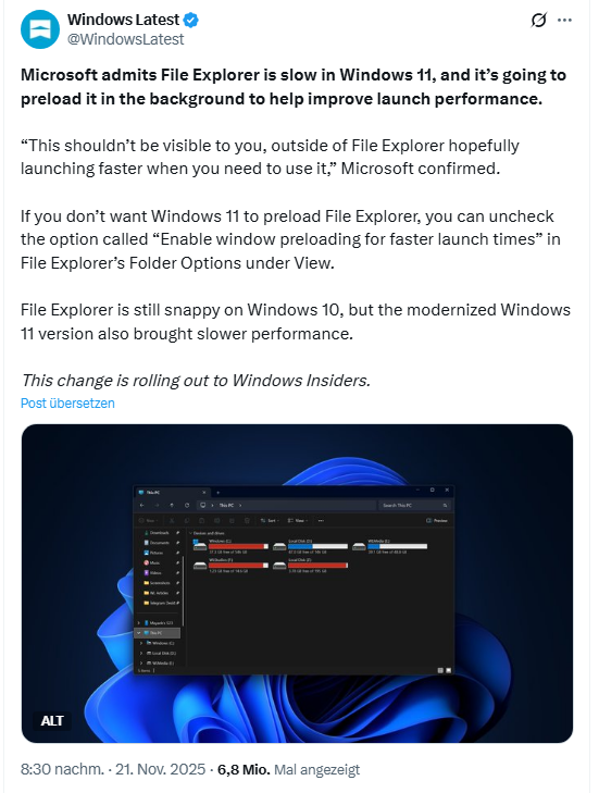 Windows 11: Langsamer Explorer-Start