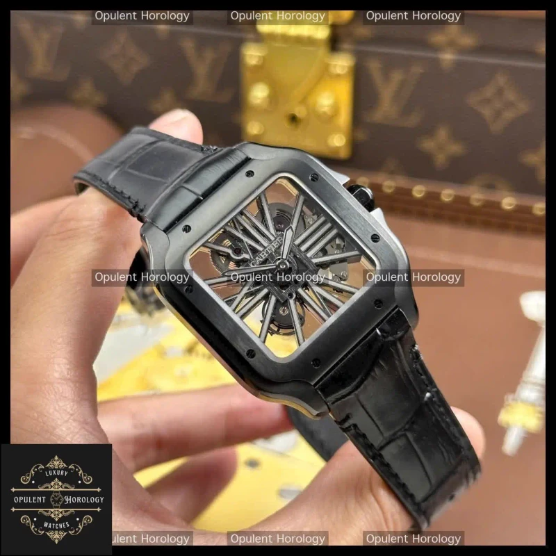 Cartier Santos Skeleton Watch 39.8mm | Black Leather Strap - Super Clone