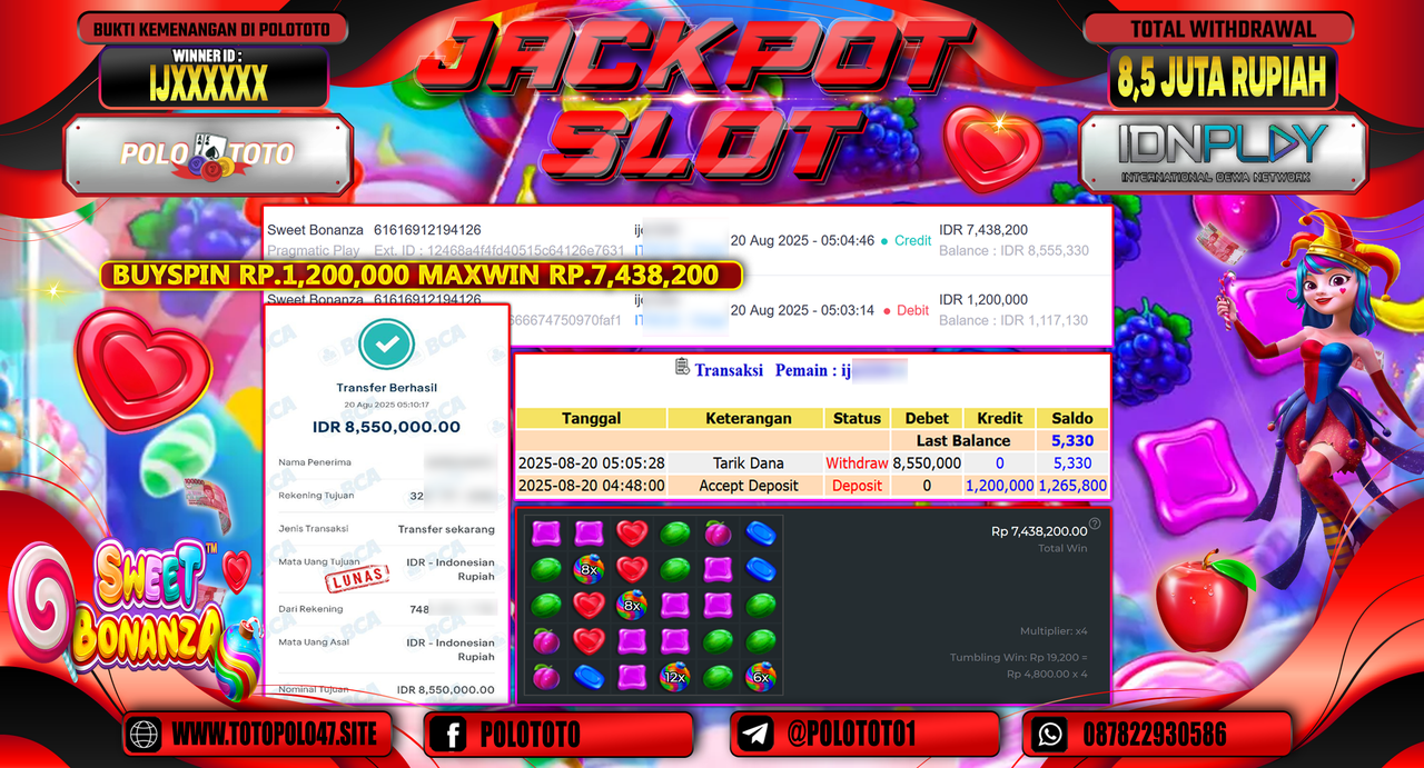 POLOTOTO JACKPOT SLOT SWEET BONANZA Rp.8.550.000,-