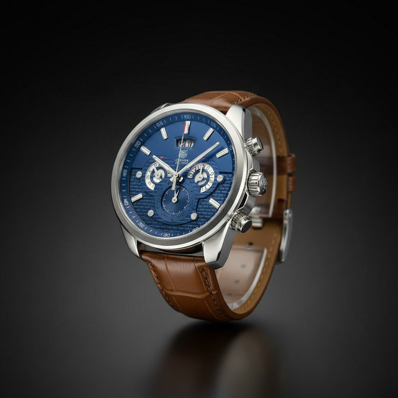 Pilot watch with large crown and black dial on brown leather strap