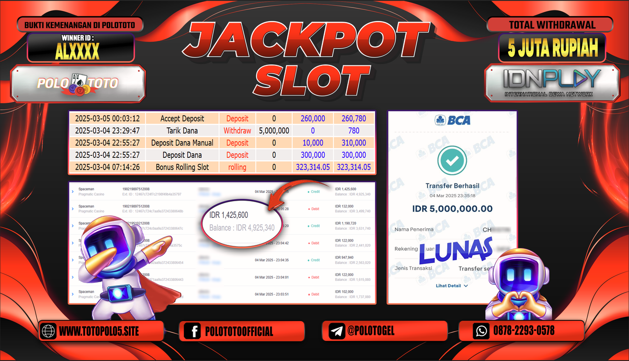 POLOTOTO JACKPOT SLOT SPACEMAN Rp.5.000.000,-