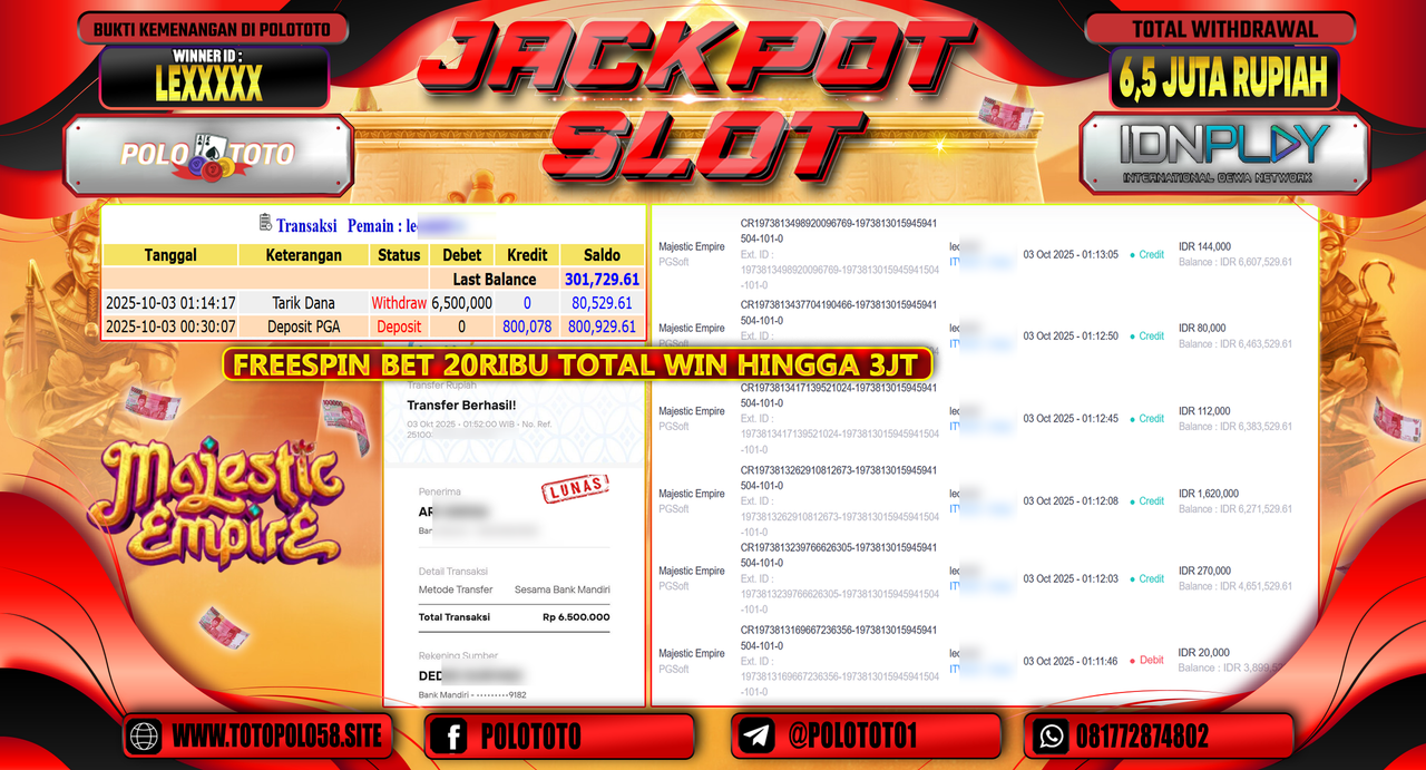 POLOTOTO JACKPOT SLOT MAJESTIC EMPIRE Rp.6.500.000,- LUNAS