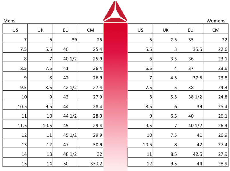 reebok size chart shoes