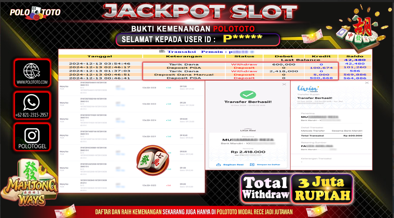 POLOTOTO JACKPOT SLOT MAHJONG WAYS Rp.3,000.000,-