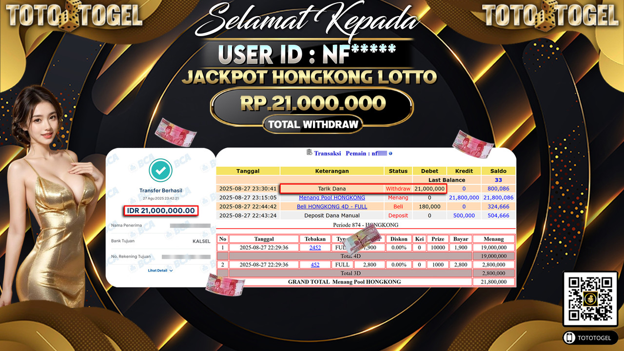 Bukti Pembayaran Jackpot Permainan Togel Hongkong Lotto ID:NF***** LUNAS