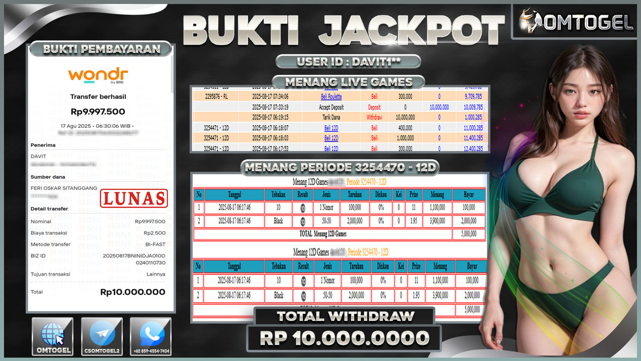 OMTOGEL JACKPOT LIVE GAMES 12D 10 JUTA DI BAYAR LUNAS ,-