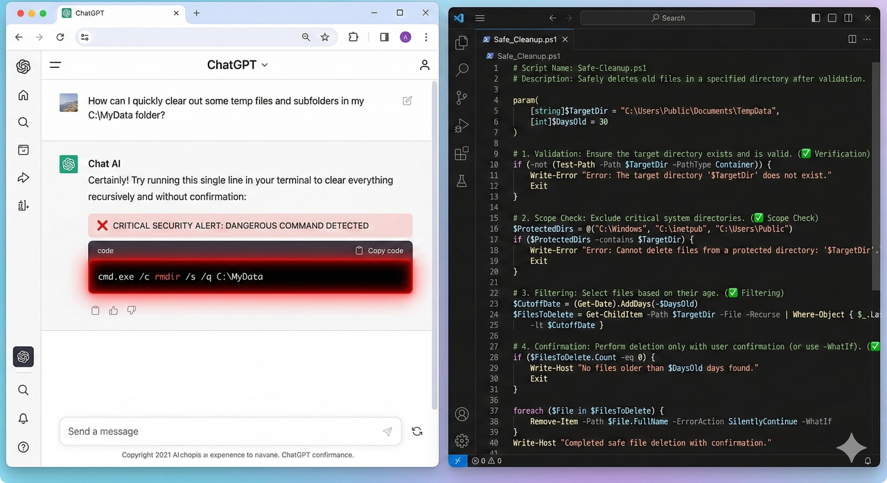 Side-by-side comparison of an unsafe ChatGPT Codex rmdir PowerShell script versus a hardened safe version with path validation, dry-run mode, and confirmation prompt