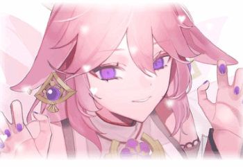 Header -  A gif of the lady ; yae miko - with white floating hearts && blurred edges . Art by 6ta6tam on twitter